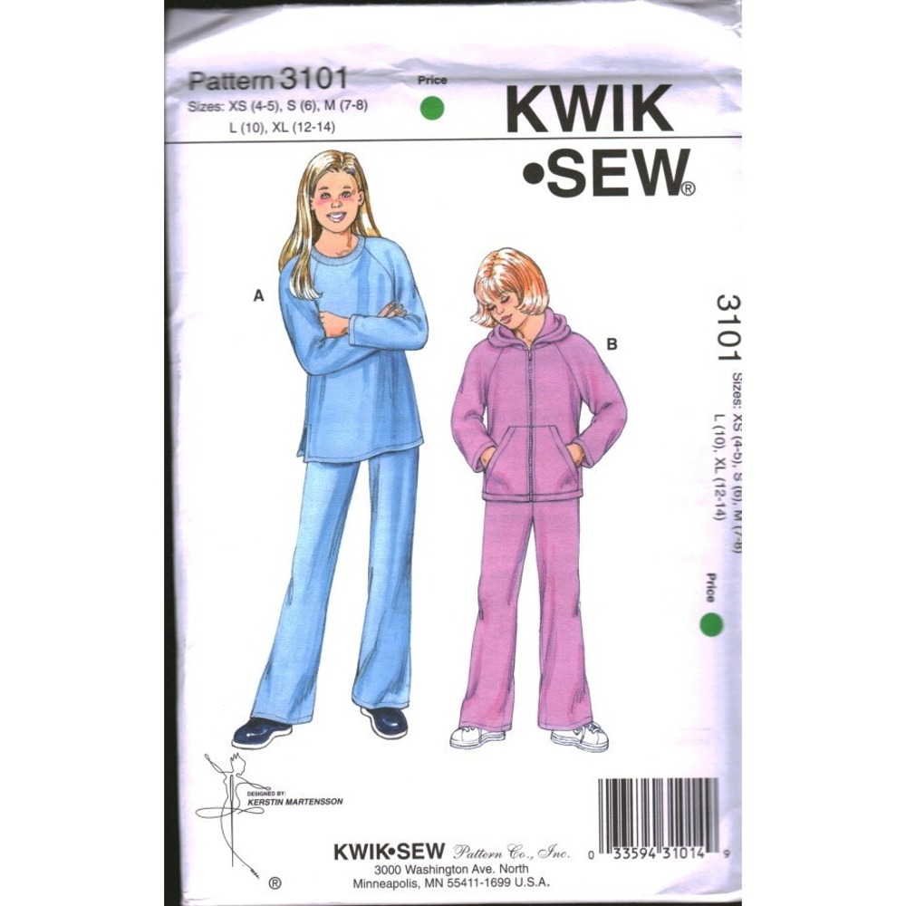 Kwik Sew 3101 Girls Shirt and Pants Sewing Pattern Raglan Hoodie Fleece Sz XS-XL